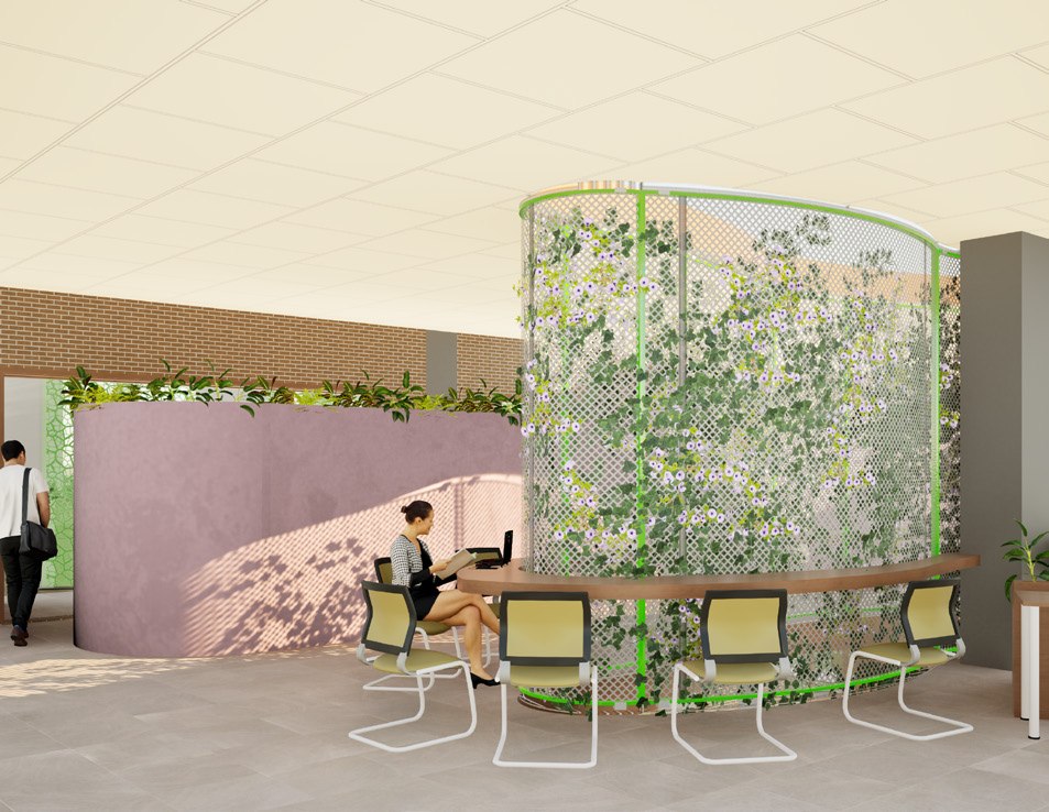 Render, internal courtyard desks