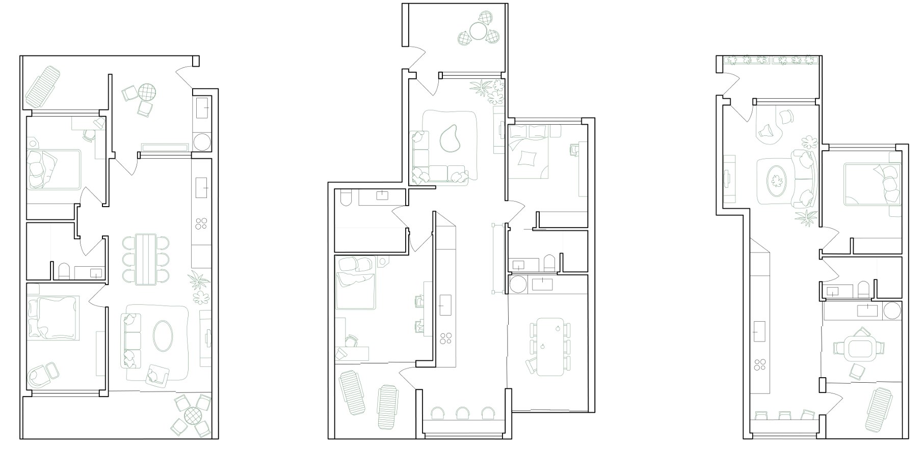 Apartment plans: two bedroom, two bedroom, one bedroom